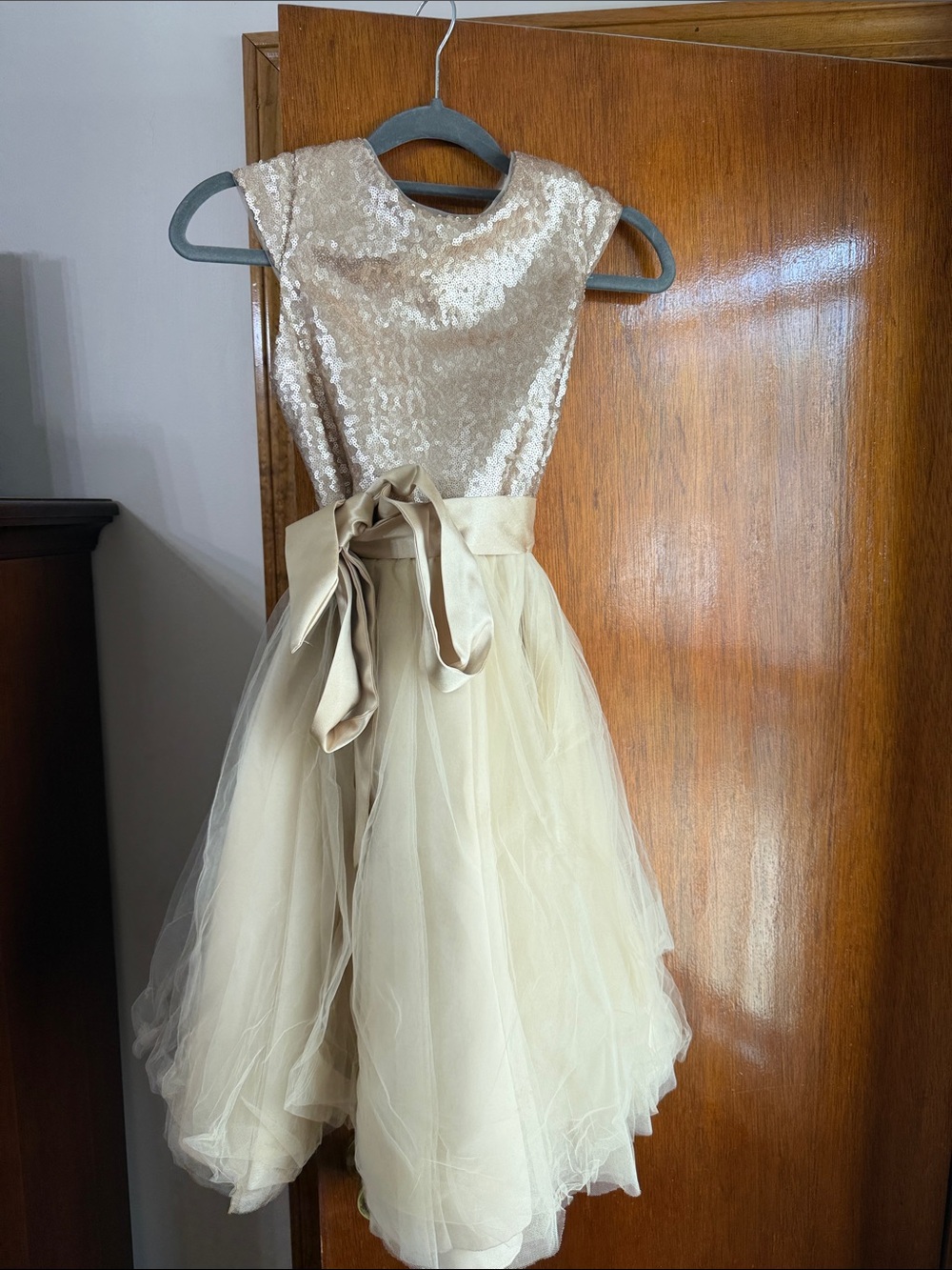 David's Bridal Cream Sequin Bodice Tulle Dress with Waist Bow